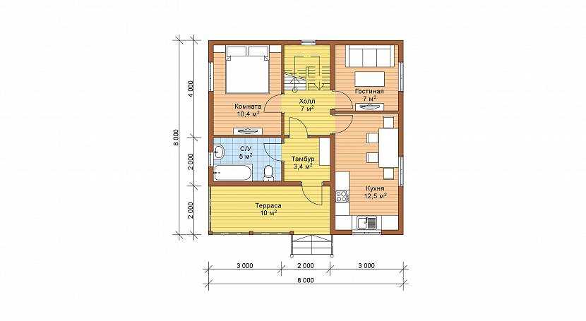 Проект дома из бруса 8х8: деревянный одноэтажный дом из профилированного и клееного бруса, планировка дома в 2 этажа, с мансардой и террасой.
