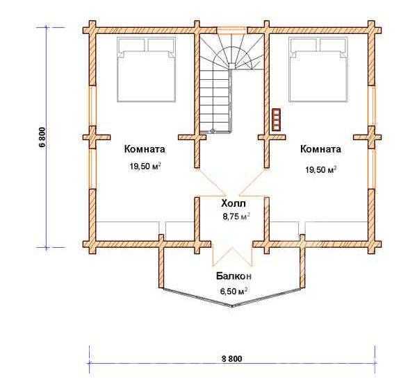 Проект дома из бруса 8х8: деревянный одноэтажный дом из профилированного и клееного бруса, планировка дома в 2 этажа, с мансардой и террасой.