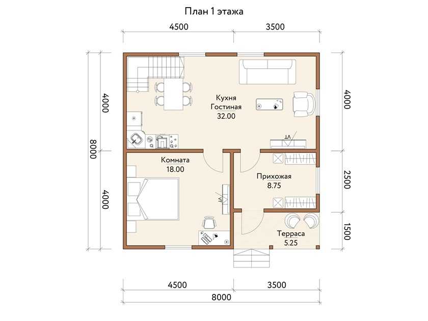 Проект дома из бруса 8х8: деревянный одноэтажный дом из профилированного и клееного бруса, планировка дома в 2 этажа, с мансардой и террасой